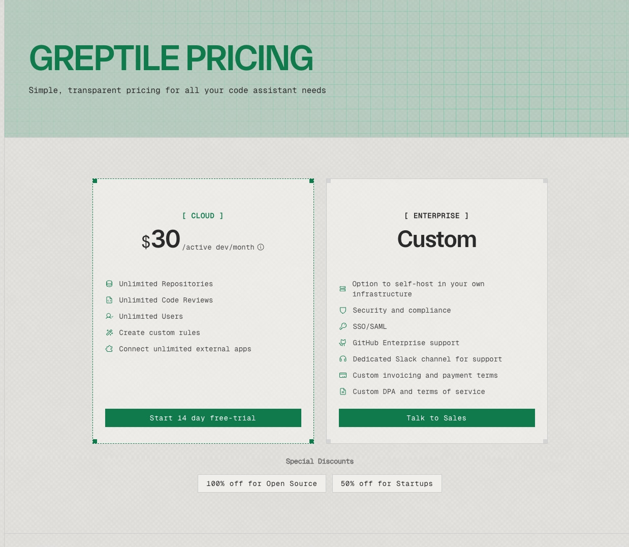 Pricing page hero with green grid pattern, two-tier pricing cards, and green primary action buttons captured website design