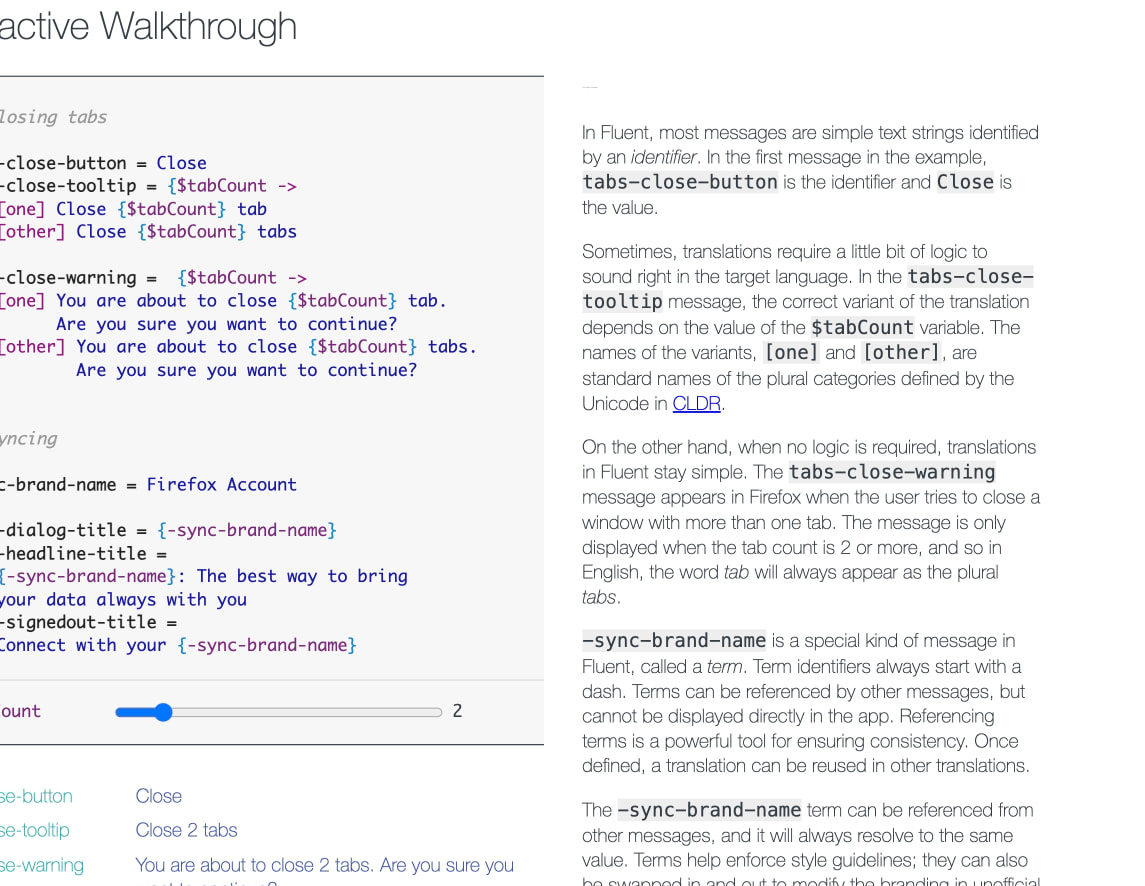 Interactive walkthrough with syntax-highlighted code panel showing pluralization examples and explanatory body text with inline code styling captured website design