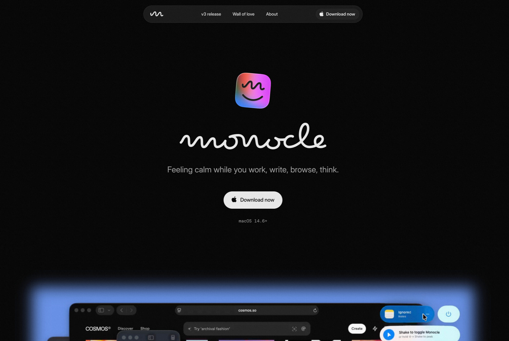 Hero section with gradient app icon, handwritten 'monocle' logotype, pill download button, and floating navigation bar captured website design