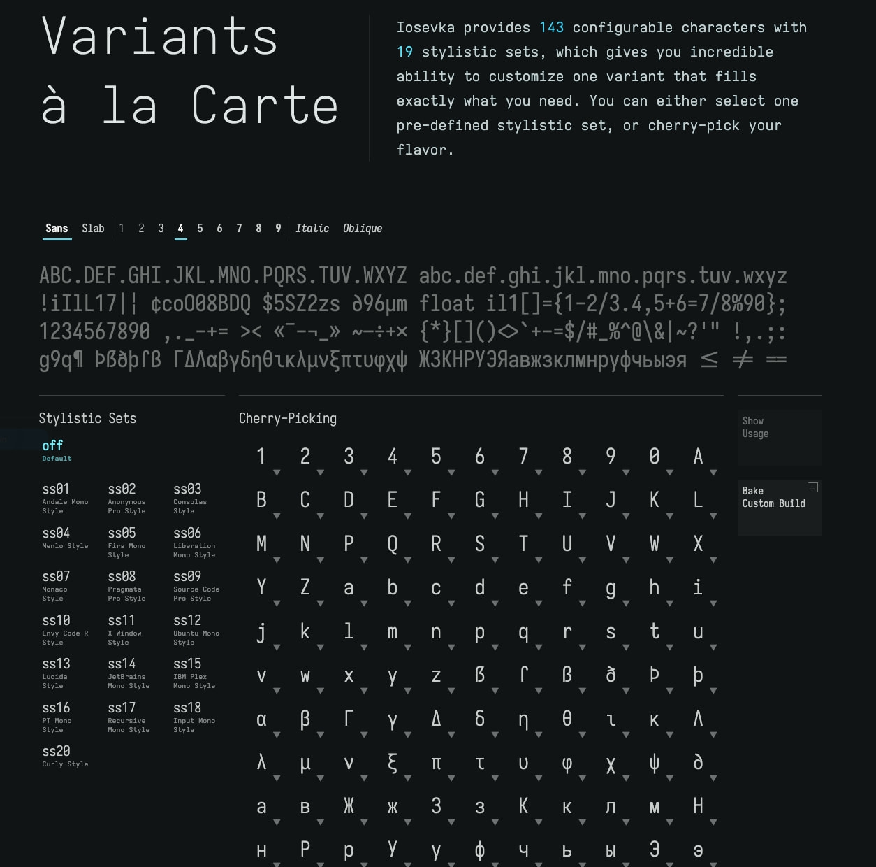 Iosevka landing page variants section with large display heading, stylistic set list in three columns, character grid with dropdown selectors, and tabbed navigation for sans and captured website design