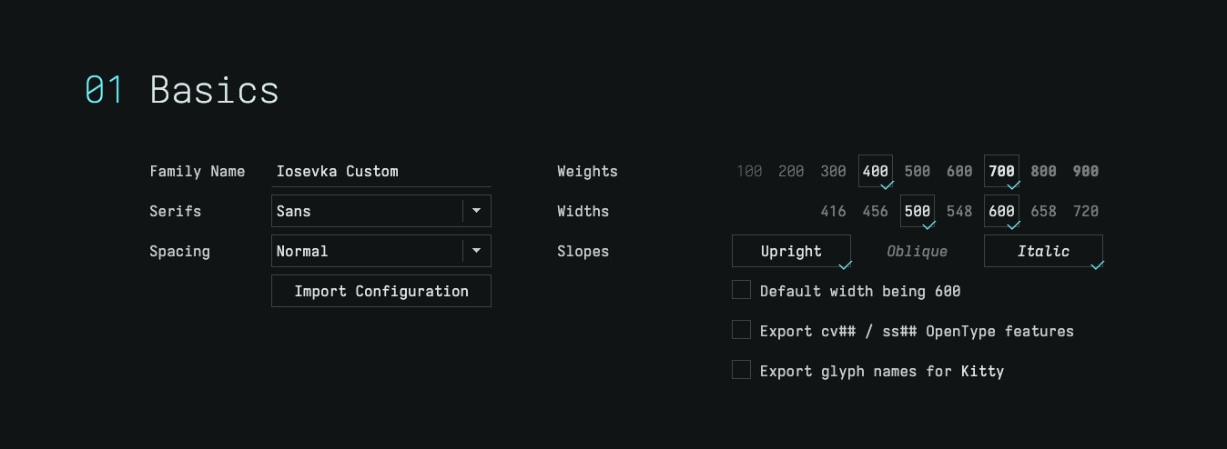 Iosevka Customizer basics panel with family name input, serif and spacing dropdowns, weight and width numeric selectors, slope toggle buttons, and export checkboxes on dark captured website design