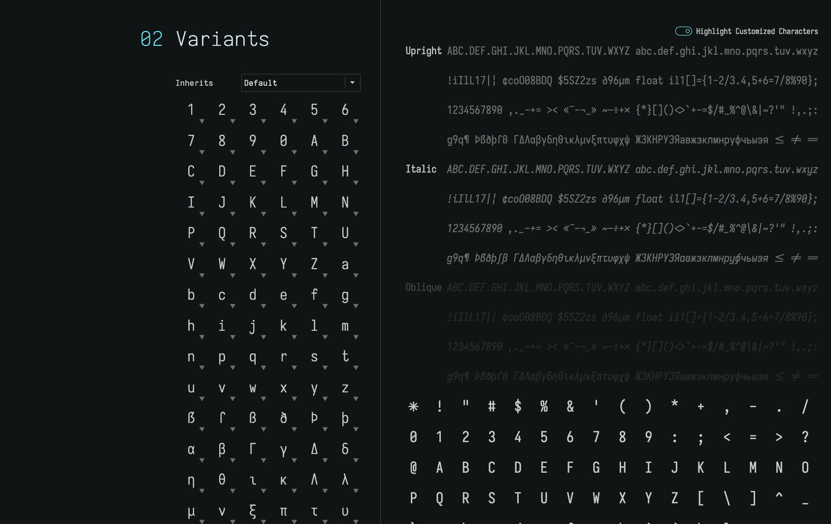 Iosevka Customizer variants grid showing character selection with dropdown inheritance controls and multi-style preview columns for upright, italic, and oblique on dark background captured website design