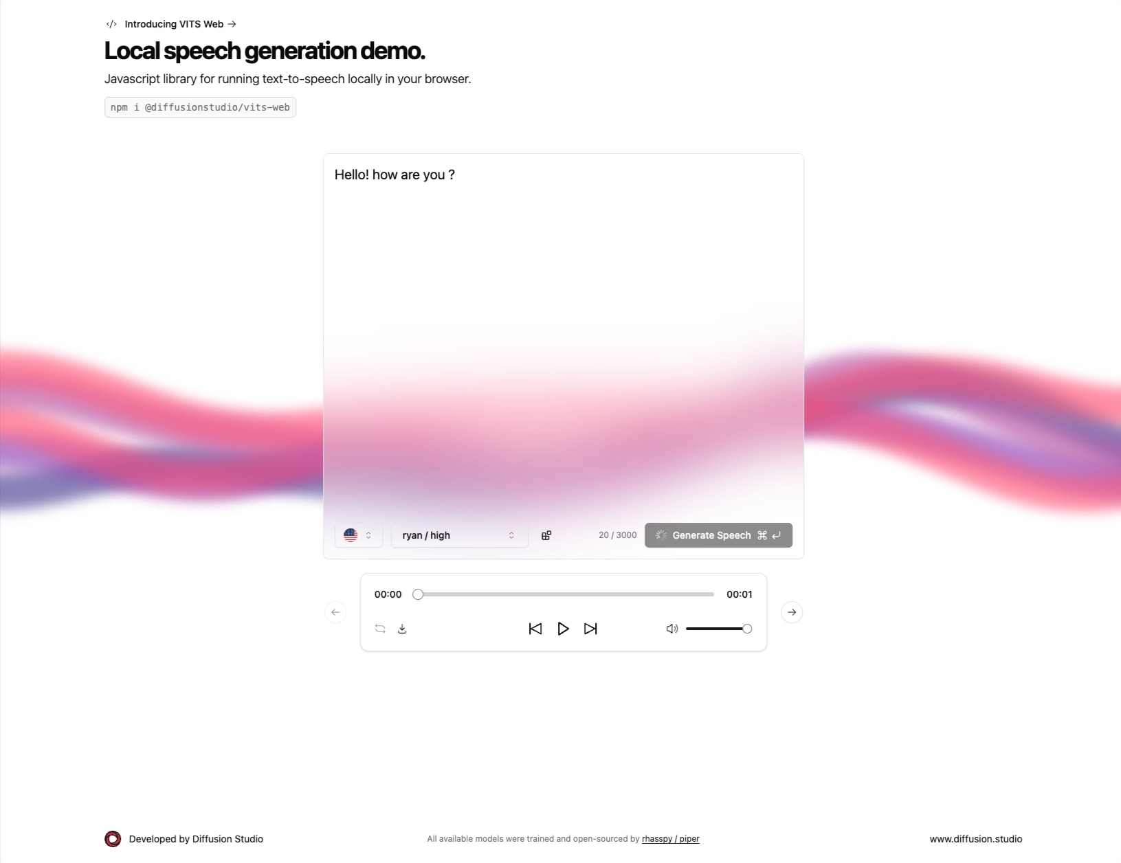 Light-themed Space demo page with gradient wave background, card-based interface, and audio player controls captured website design