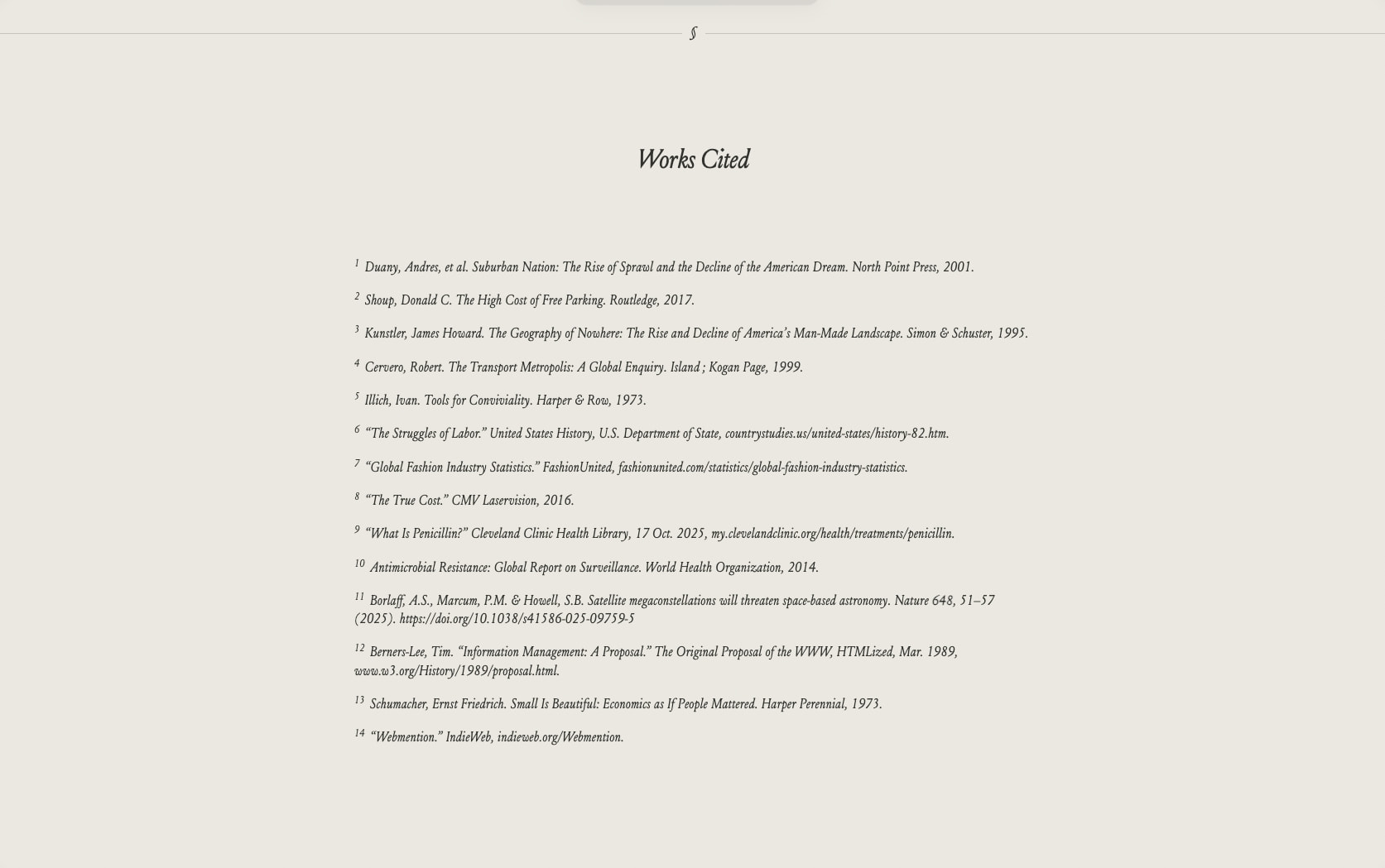 Works Cited section with centered heading and numbered bibliography in italic text captured website design