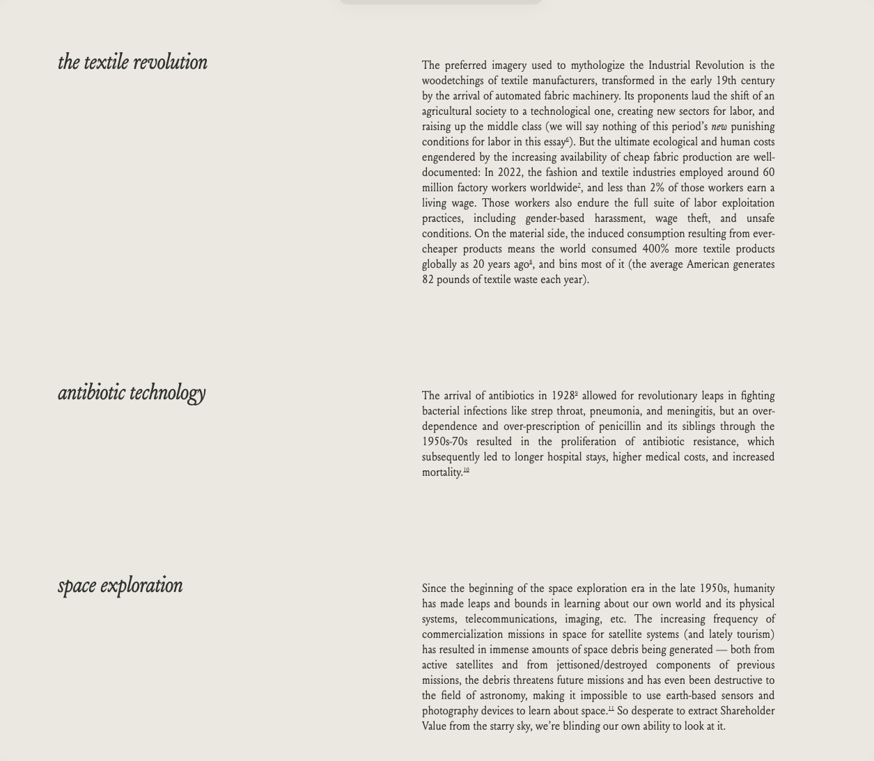 Article body with italic section headings and justified body text on warm off-white canvas captured website design