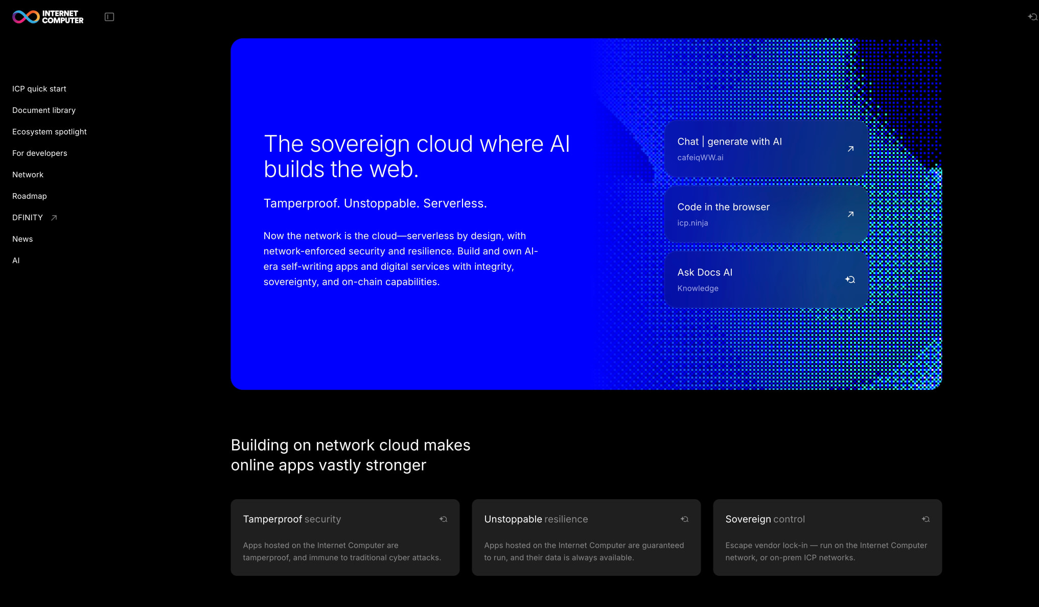 Internet Computer — The sovereign cloud where AI builds the web | Internet Computer captured website design