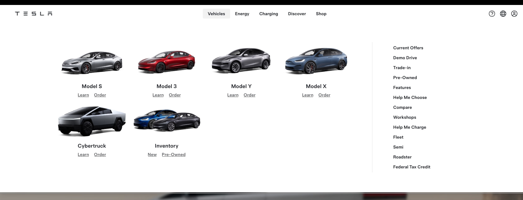 Vehicles mega-menu overlay with Model S, 3, Y, X, Cybertruck thumbnails and right-hand navigation links on white background captured website design