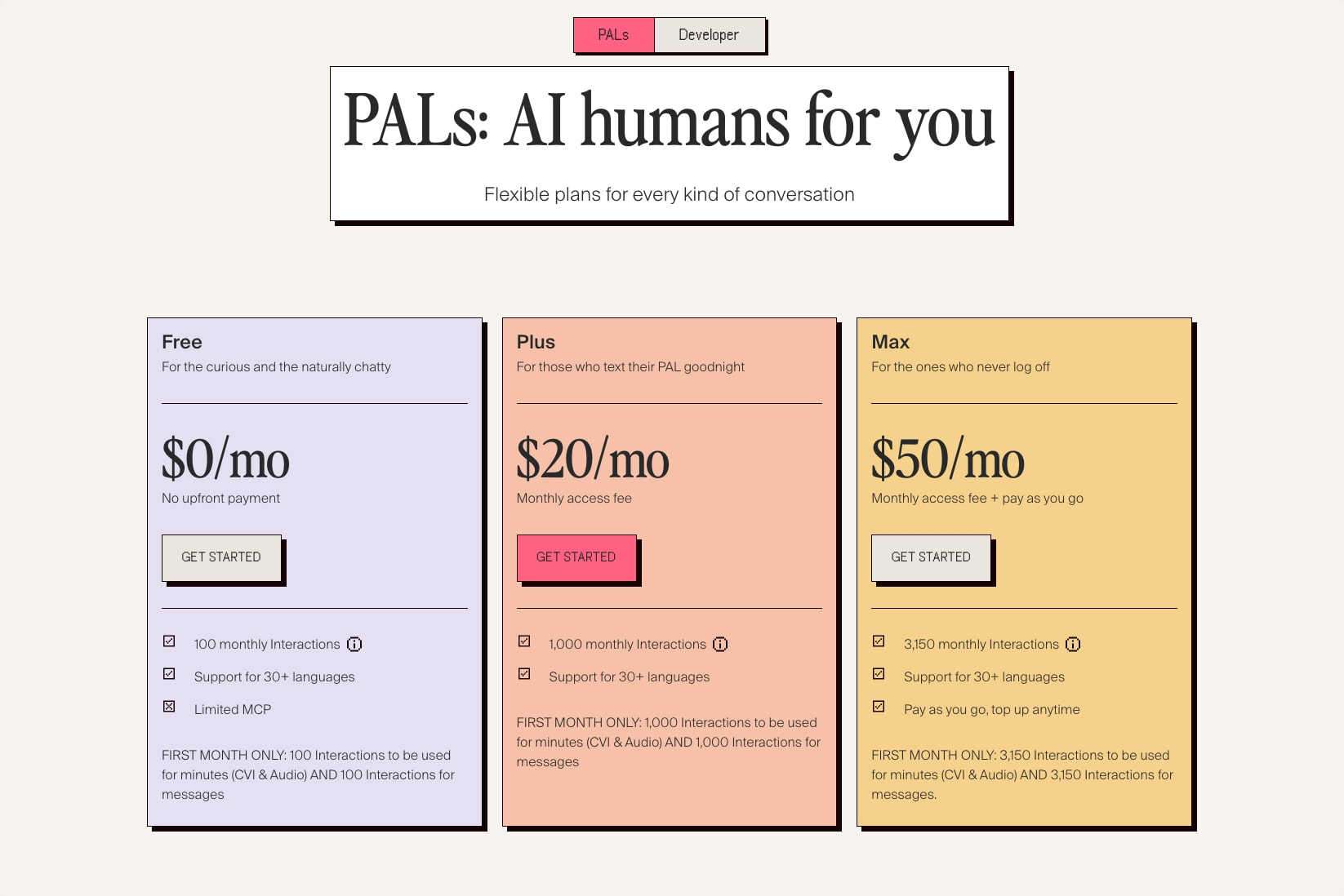 Plans and Pricing - Tavus captured website design