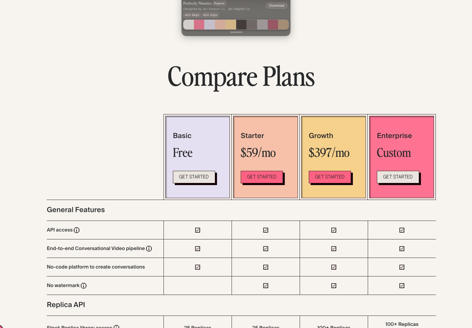 Plans and Pricing - Tavus captured website design