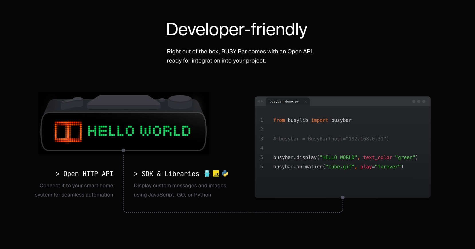BUSY Bar — Productivity Multi-tool Device with an LED pixel screen captured website design