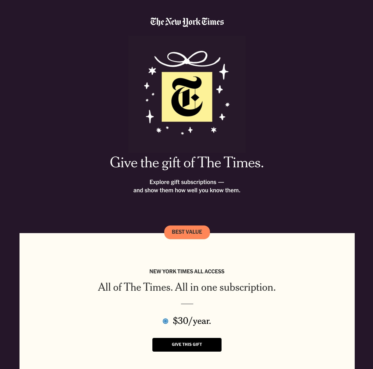 New York Times Gift Subscriptions captured website design