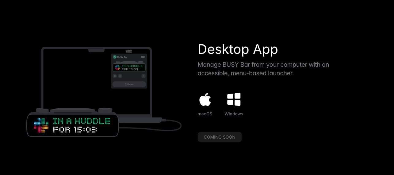 Desktop App section showing laptop with BUSY Bar device, macOS and Windows platform icons, and COMING SOON pill button captured website design