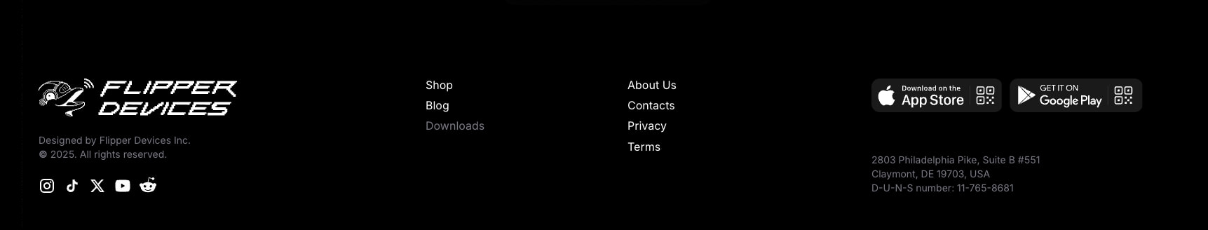 Footer with Flipper Devices logo, navigation columns, social icons, and app store badges on pure black background captured website design