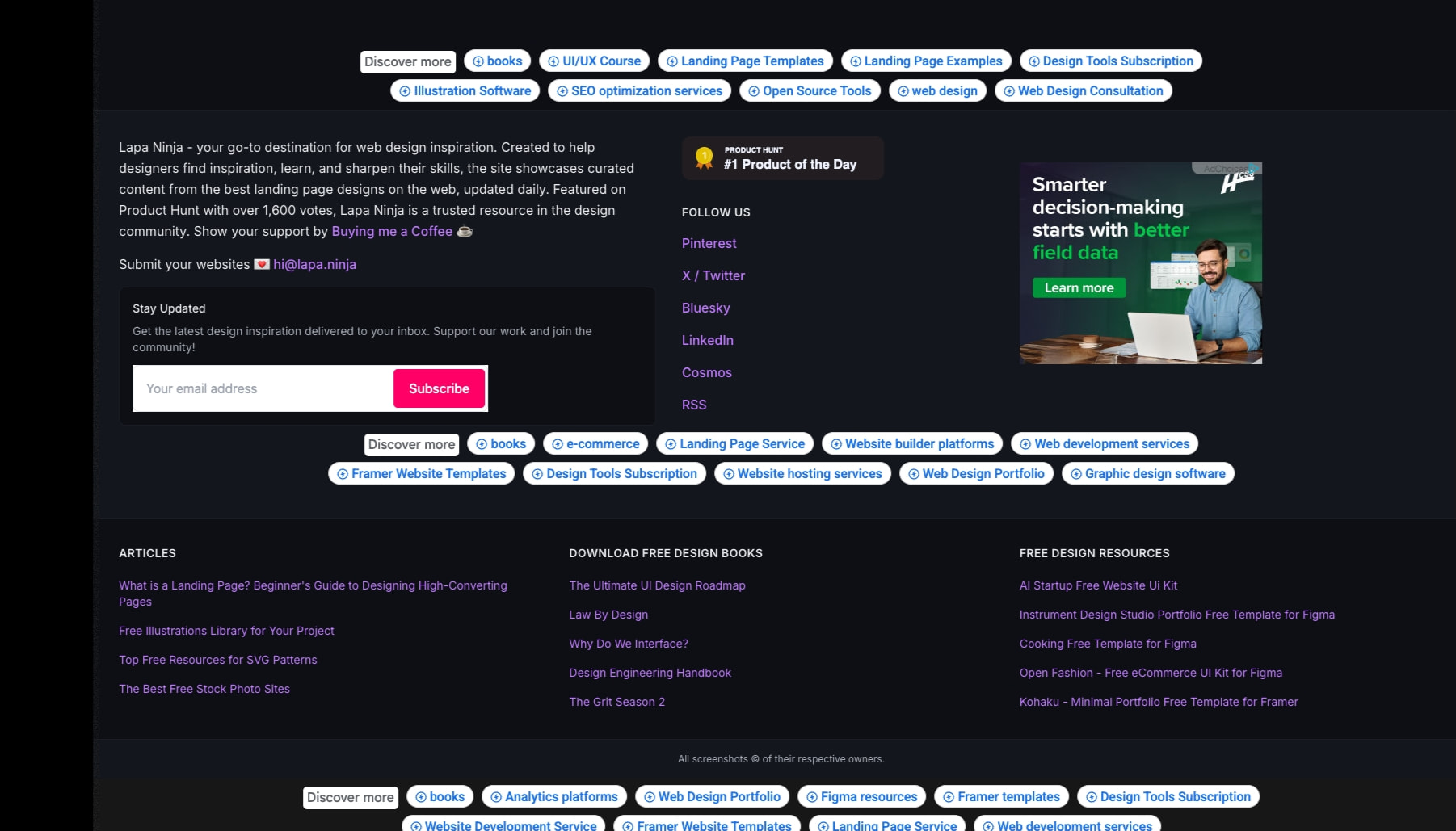 Footer section with newsletter subscription, social links, and resource columns on dark background with pink subscribe button captured website design