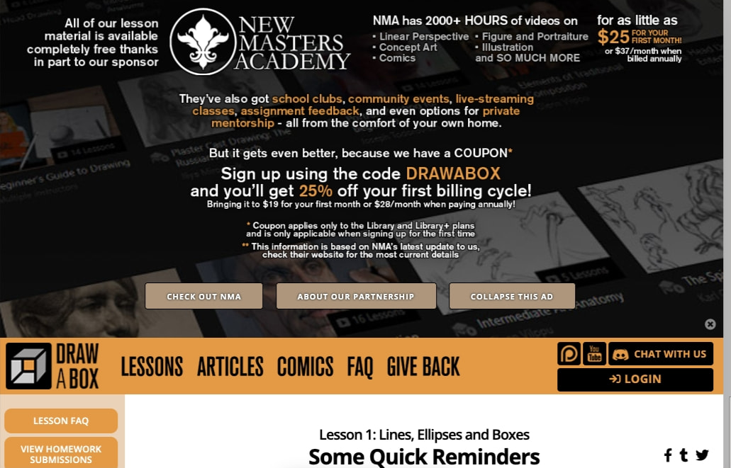 Drawabox.com | Part One: The Basics | Lesson 1: Lines, Ellipses and Boxes | Some Quick Reminders captured website design