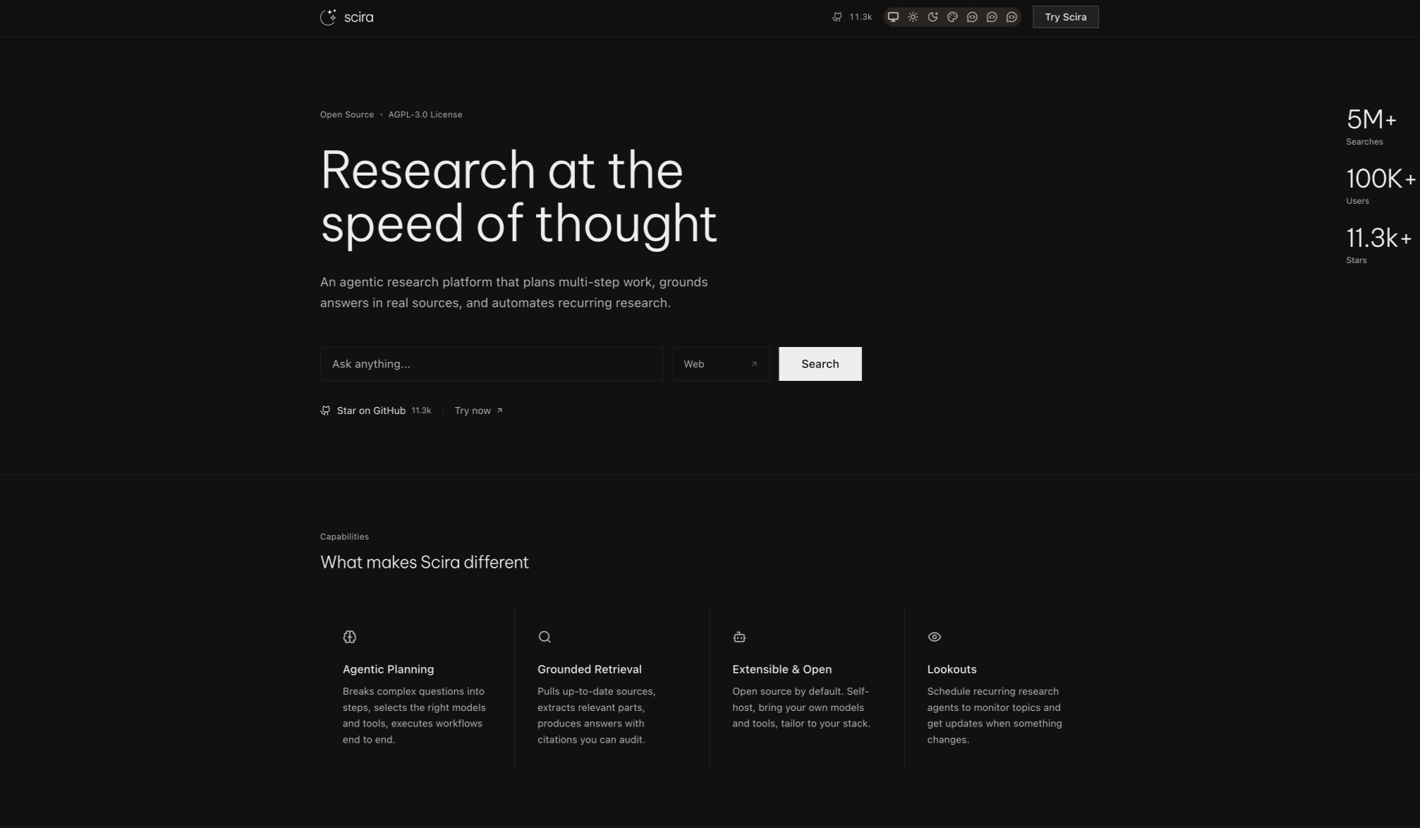 Scira AI - Research in speed of thought. captured website design