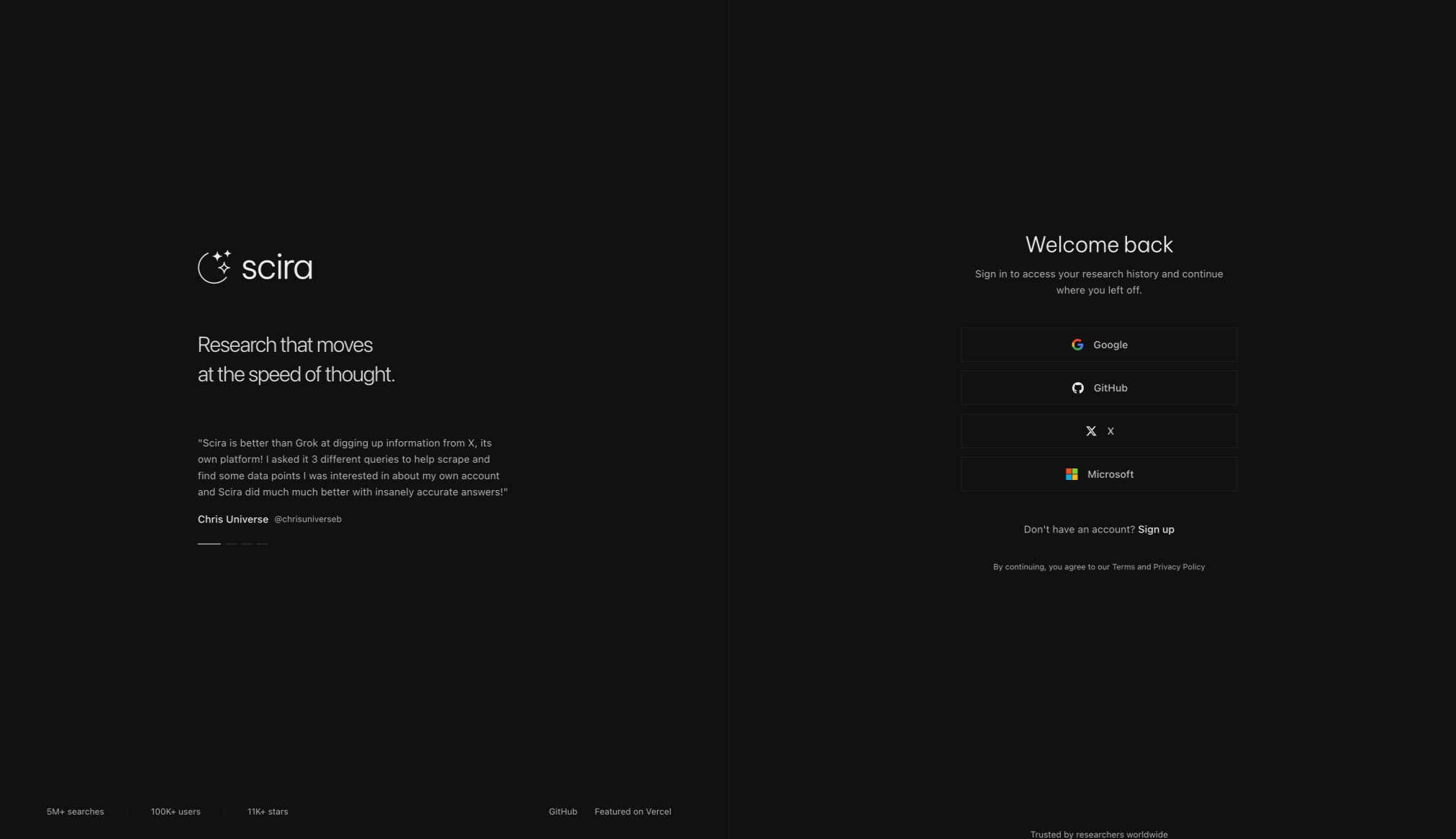 Scira AI - Research in speed of thought. captured website design