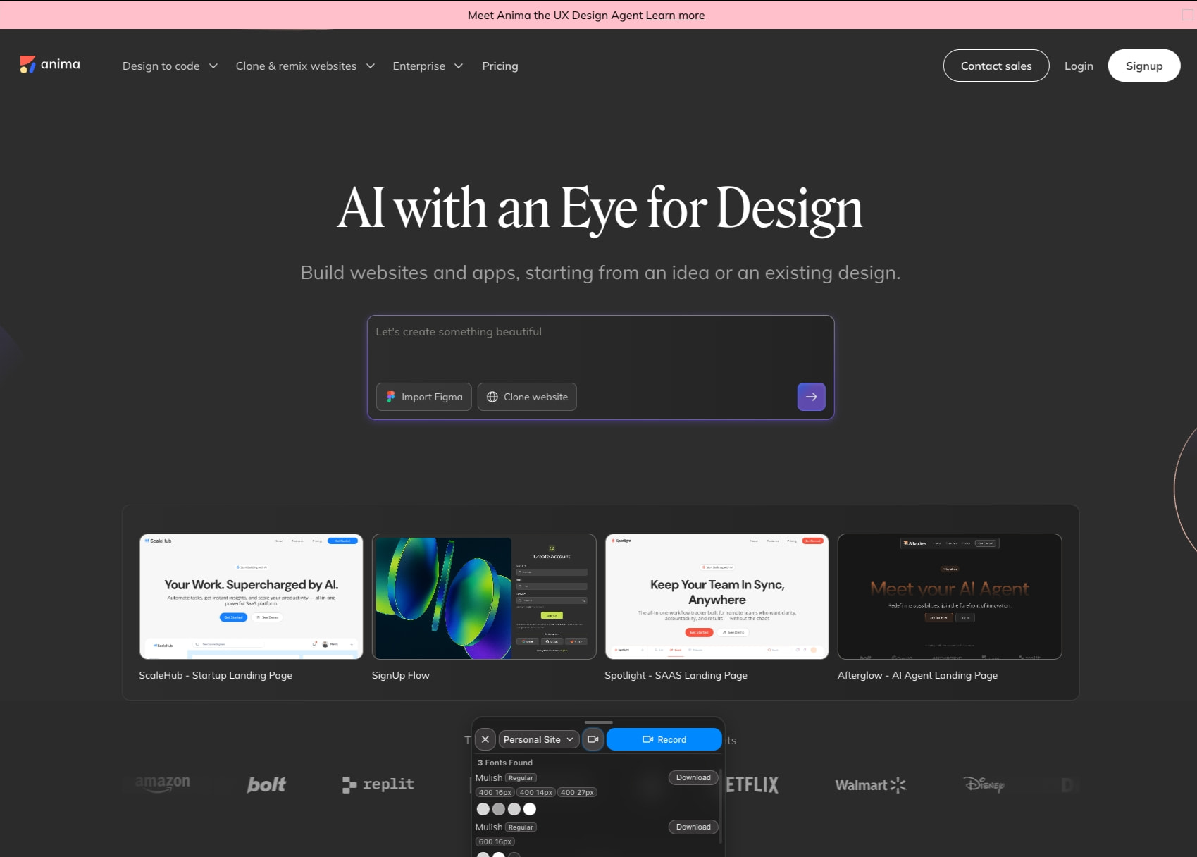 Anima: the UX Design Agent captured website design