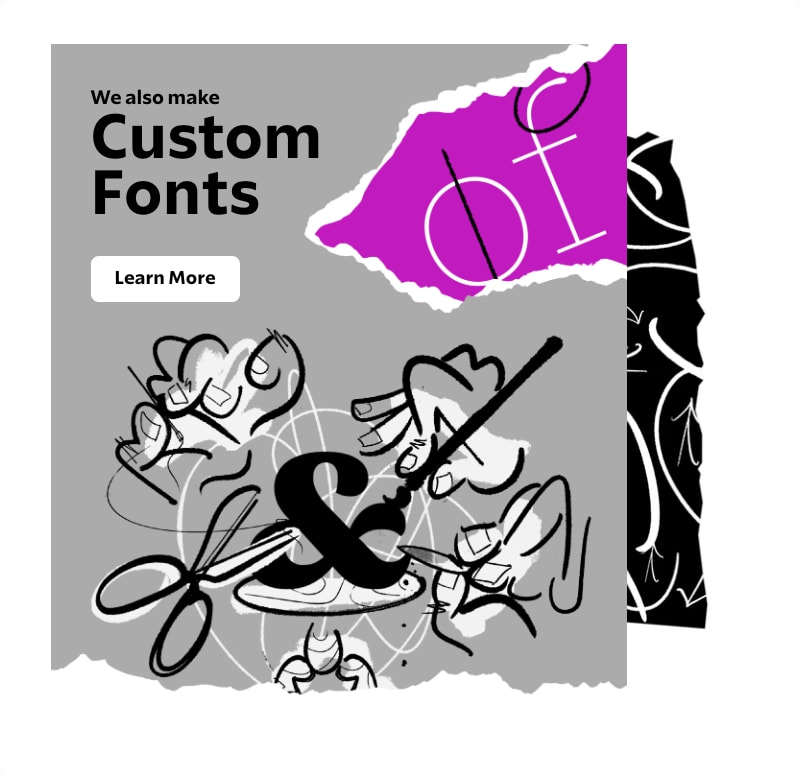 Custom Fonts service card with gray background, magenta torn-paper accent, black ampersand illustration, and Learn More button captured website design