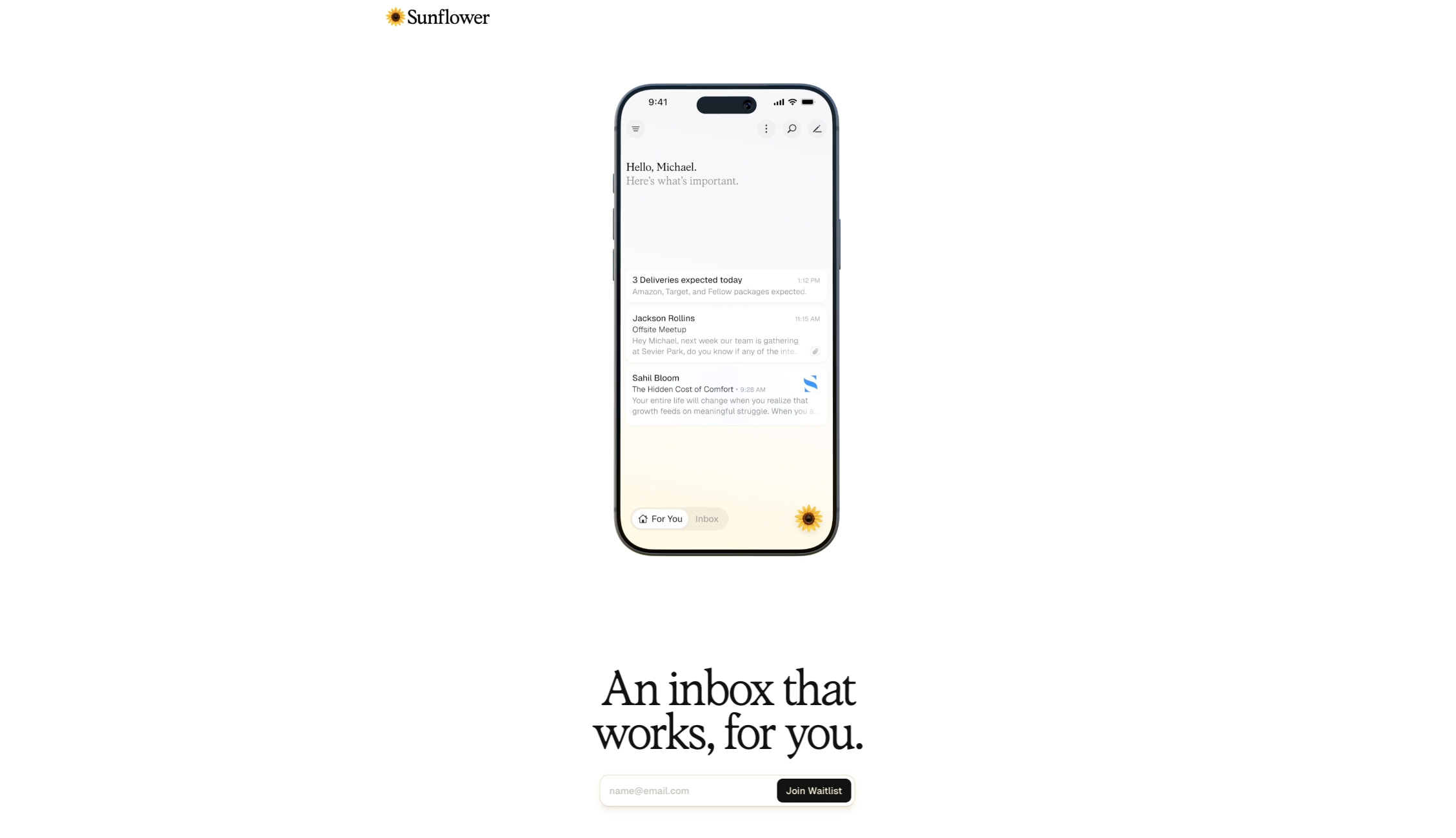 Sunflower. An inbox that works, for you. captured website design