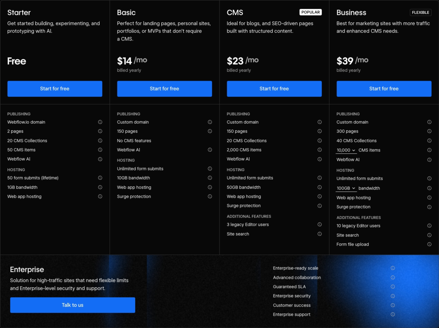 Plans & pricing | Webflow captured website design