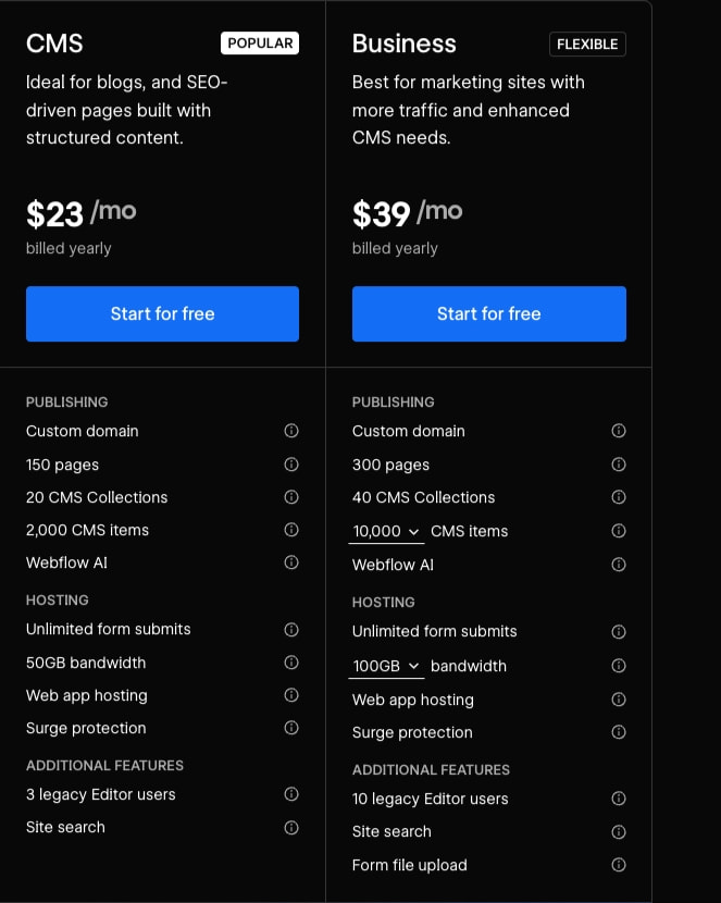 Plans & pricing | Webflow captured website design