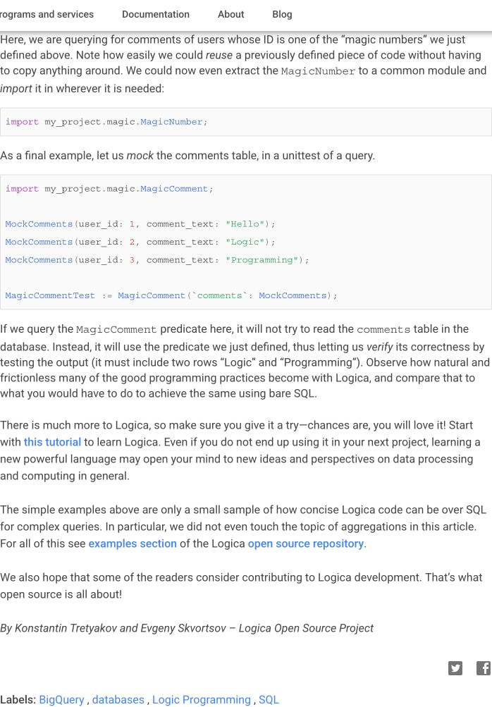 Logica: organizing your data queries, making them universally reusable and fun | Google Open Source Blog captured website design