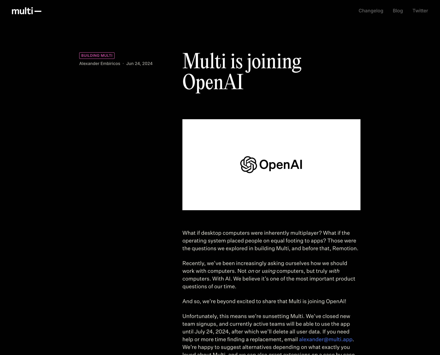 Multi Blog – Multi is joining OpenAI captured website design