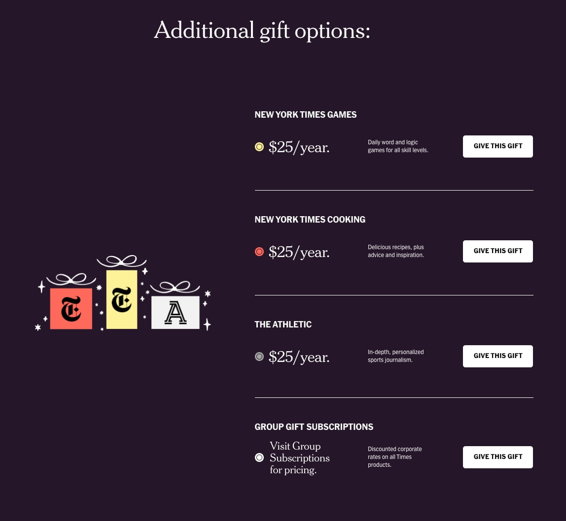 New York Times Gift Subscriptions captured website design
