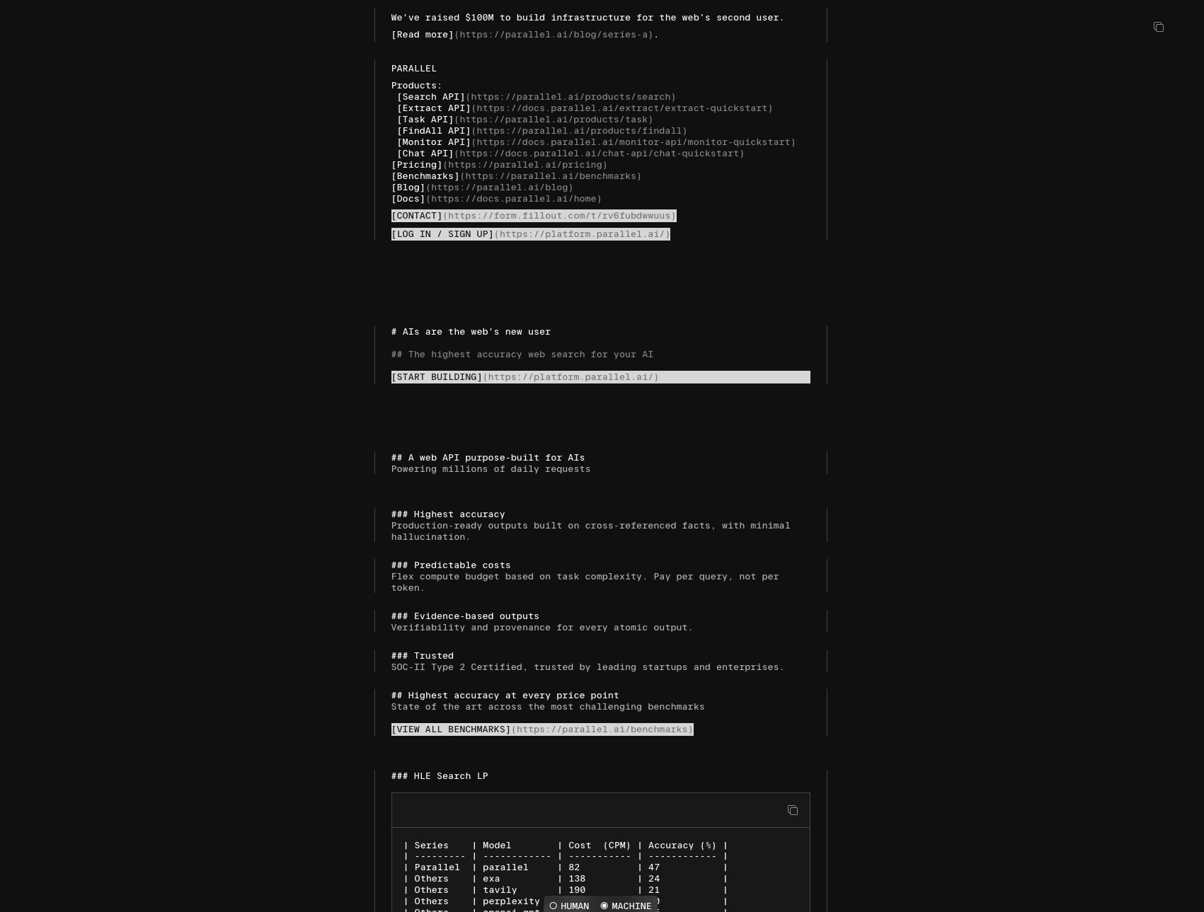 Parallel Web Systems | Web Search & Research APIs Built for AI Agents captured website design