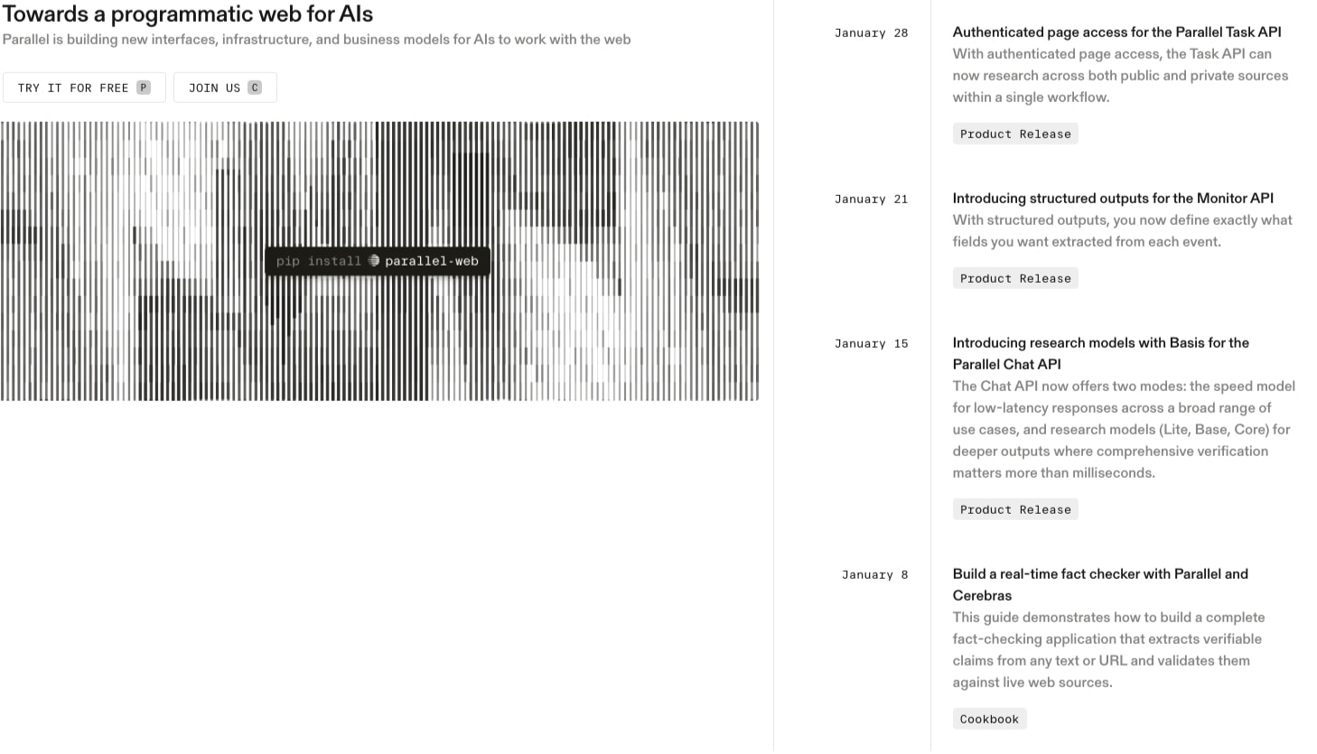 Parallel Web Systems | Web Search & Research APIs Built for AI Agents captured website design