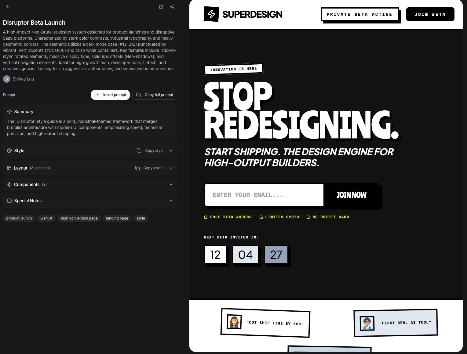 Disruptor Beta Launch | Superdesign Prompts captured website design