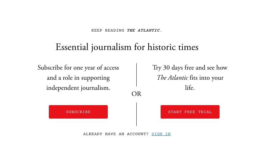 Subscription modal with red SUBSCRIBE and START FREE TRIAL buttons, centered OR divider, and italic Atlantic branding in a clean white dialog captured website design