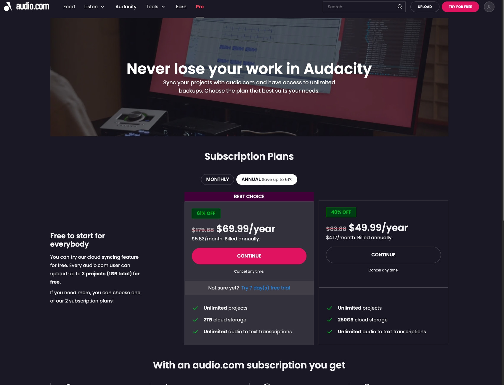 audio.com - a better way to upload and share audio online captured website design