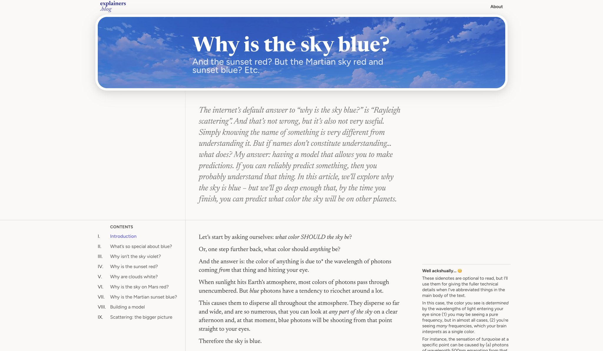 Why is the sky blue? captured website design