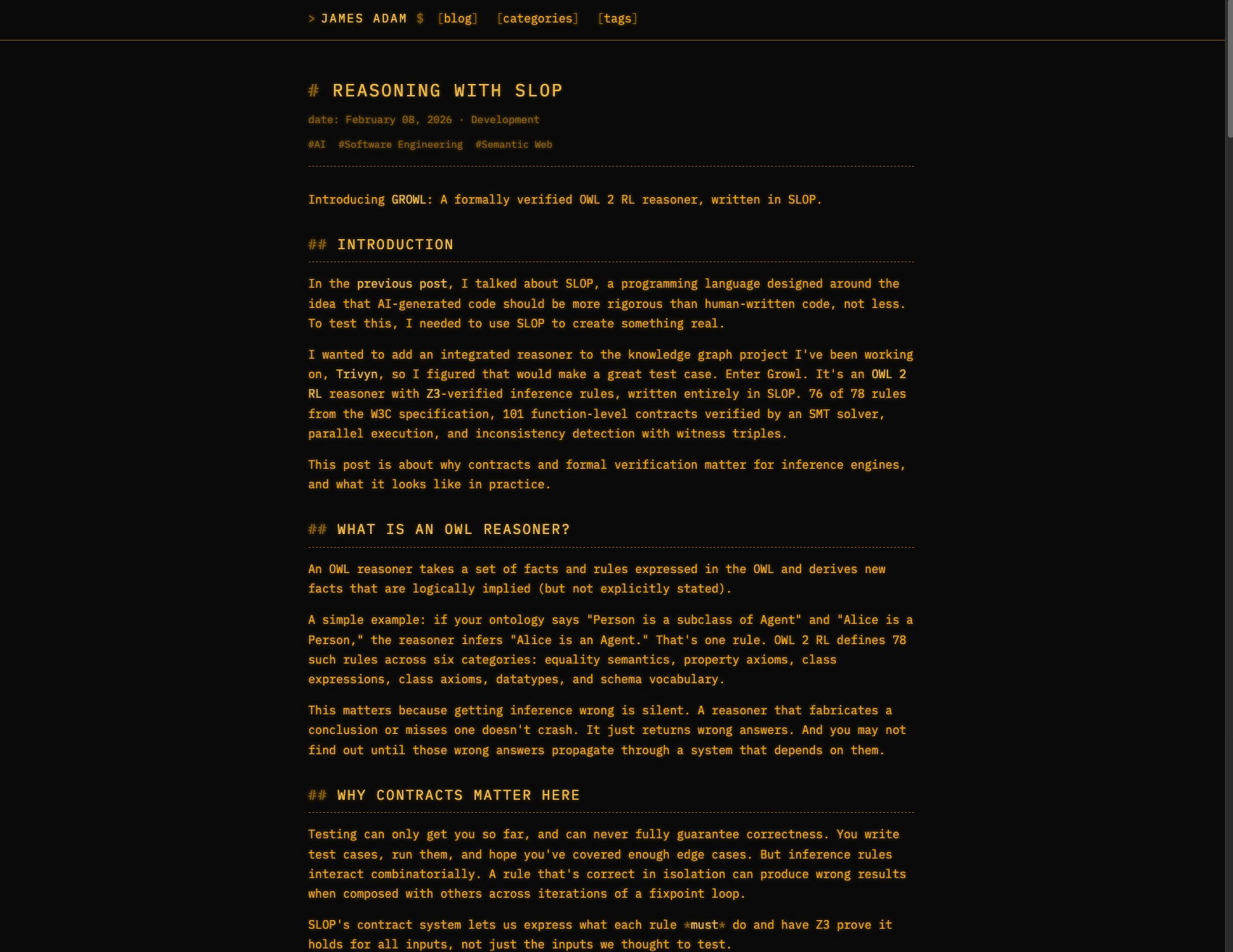 Full blog post page showing amber monospace typography on near-black background with navigation header, article title, metadata, and section headings with dotted underlines captured website design