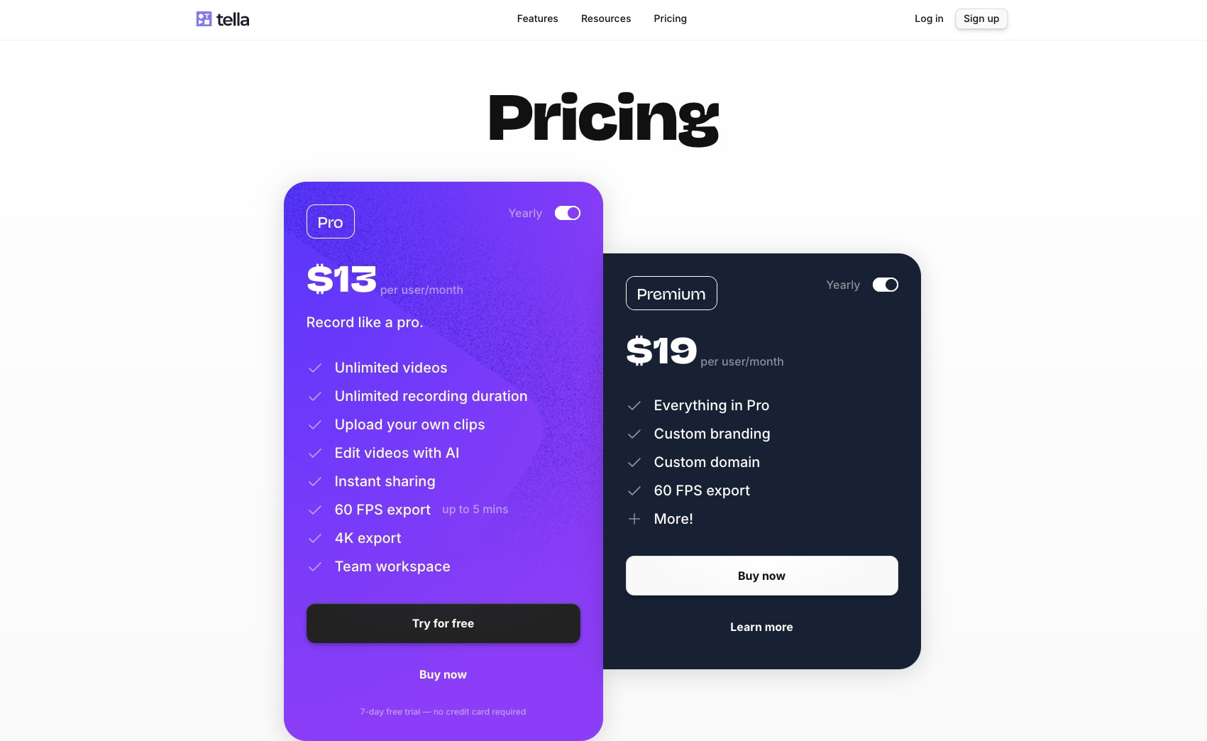 Tella — Pricing captured website design