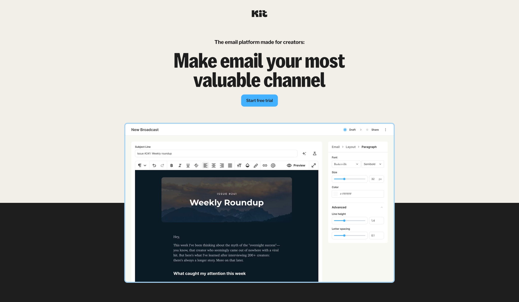 Email Platform for Creators – Launch & Grow with Kit captured website design