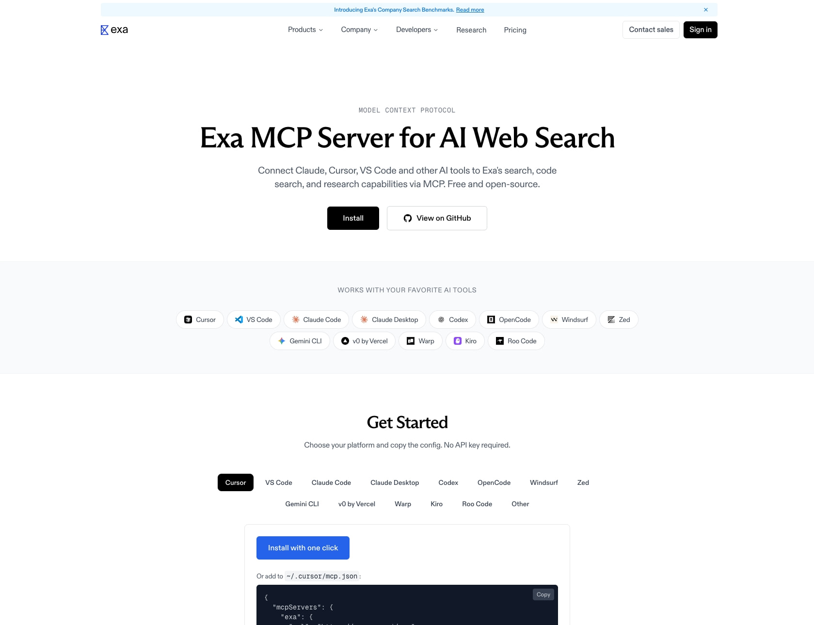 Exa MCP Server — AI Web Search for Claude, Cursor & VS Code captured website design