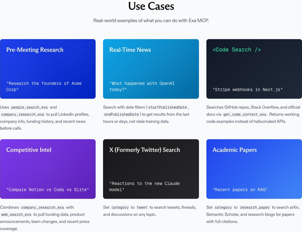 Exa MCP Server — AI Web Search for Claude, Cursor & VS Code captured website design