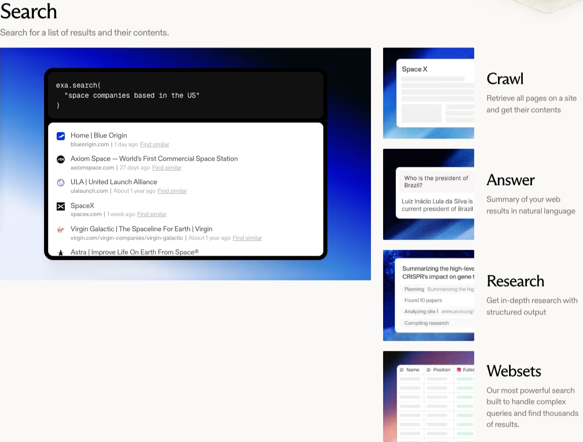Exa | Web Search API, AI Search Engine, & Website Crawler captured website design