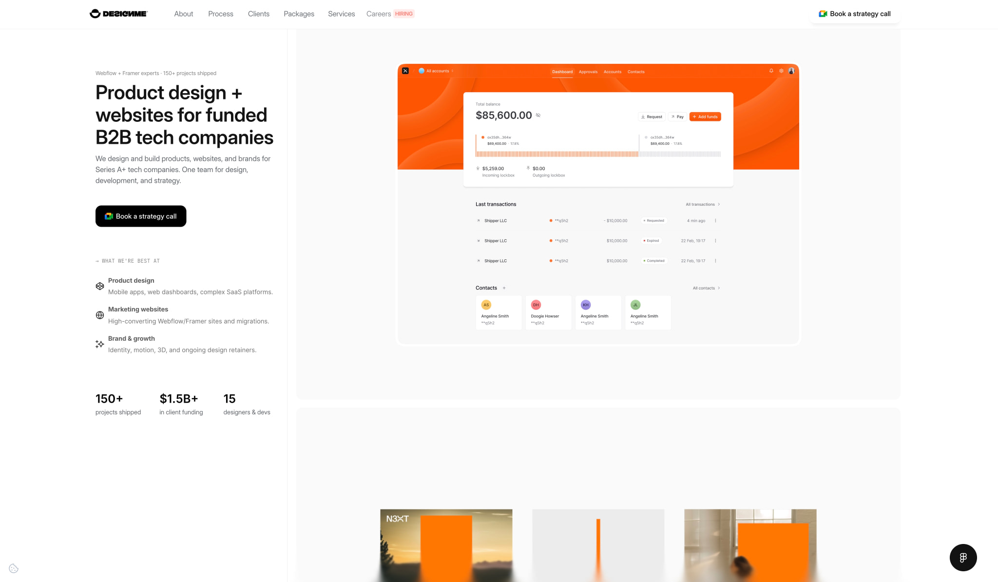 Orange CTA panel into FAQ captured website design