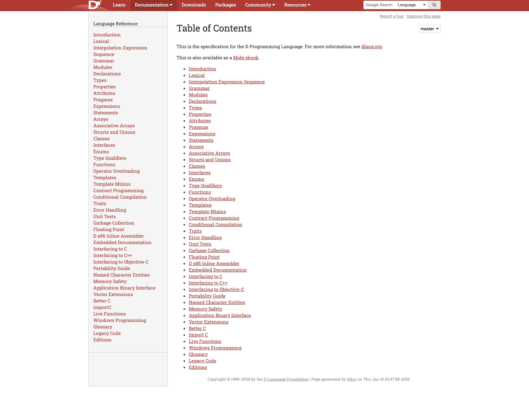Language spec table of contents captured website design