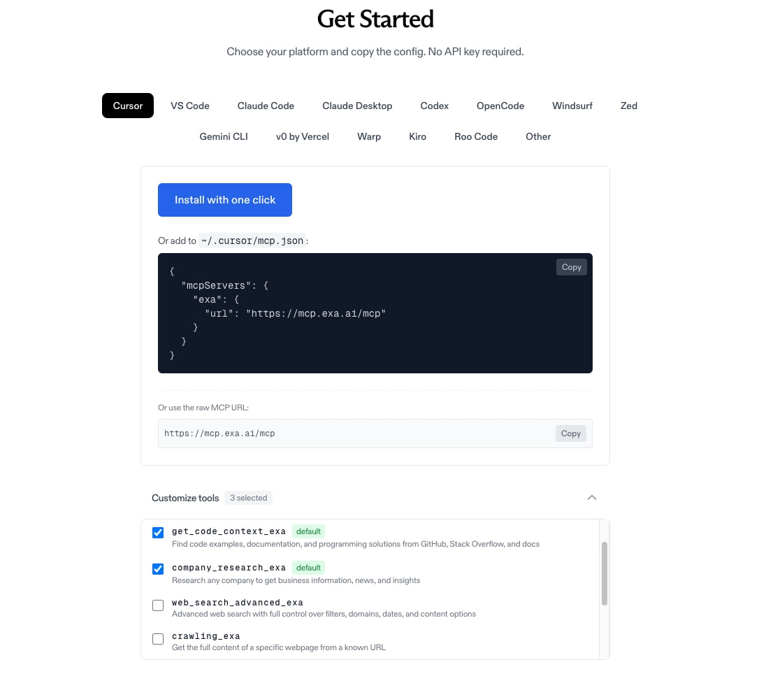 Exa MCP Server — AI Web Search for Claude, Cursor & VS Code captured website design