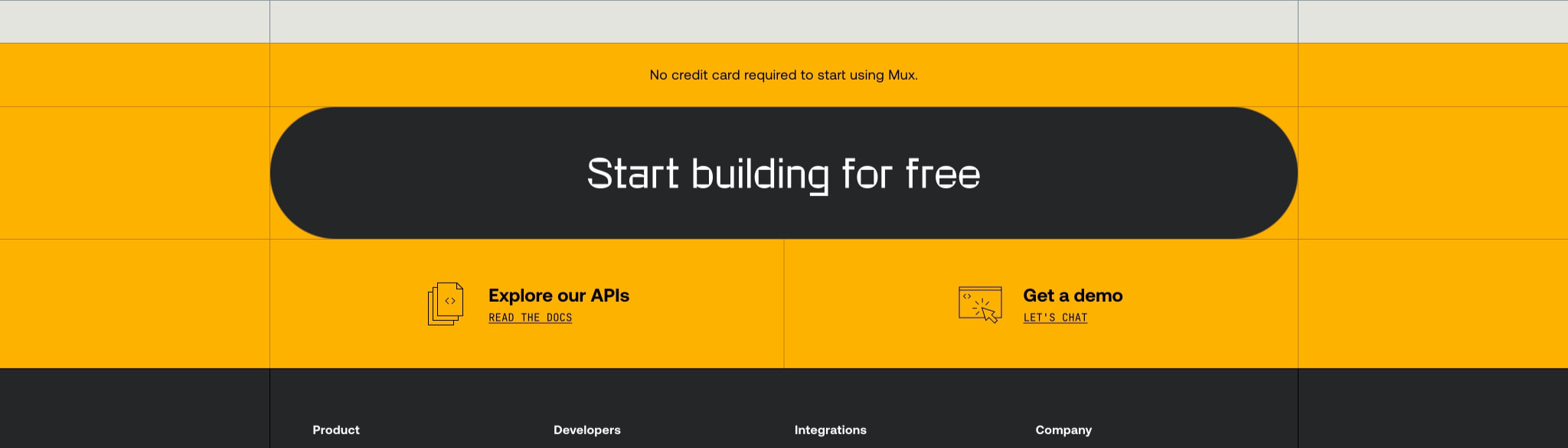Bright yellow call-to-action band with dark pill-shaped button and footer navigation on dark charcoal background captured website design