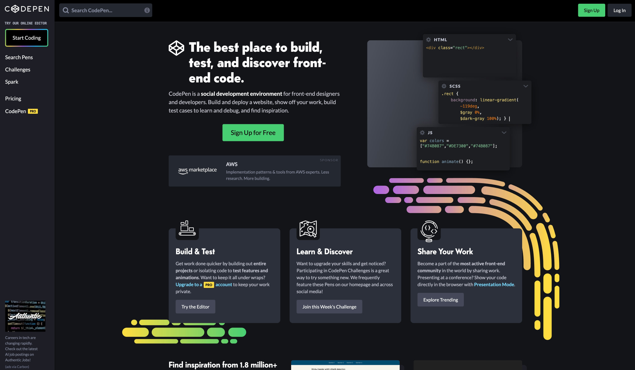 CodePen: Online Code Editor and Front End Web Developer Community captured website design