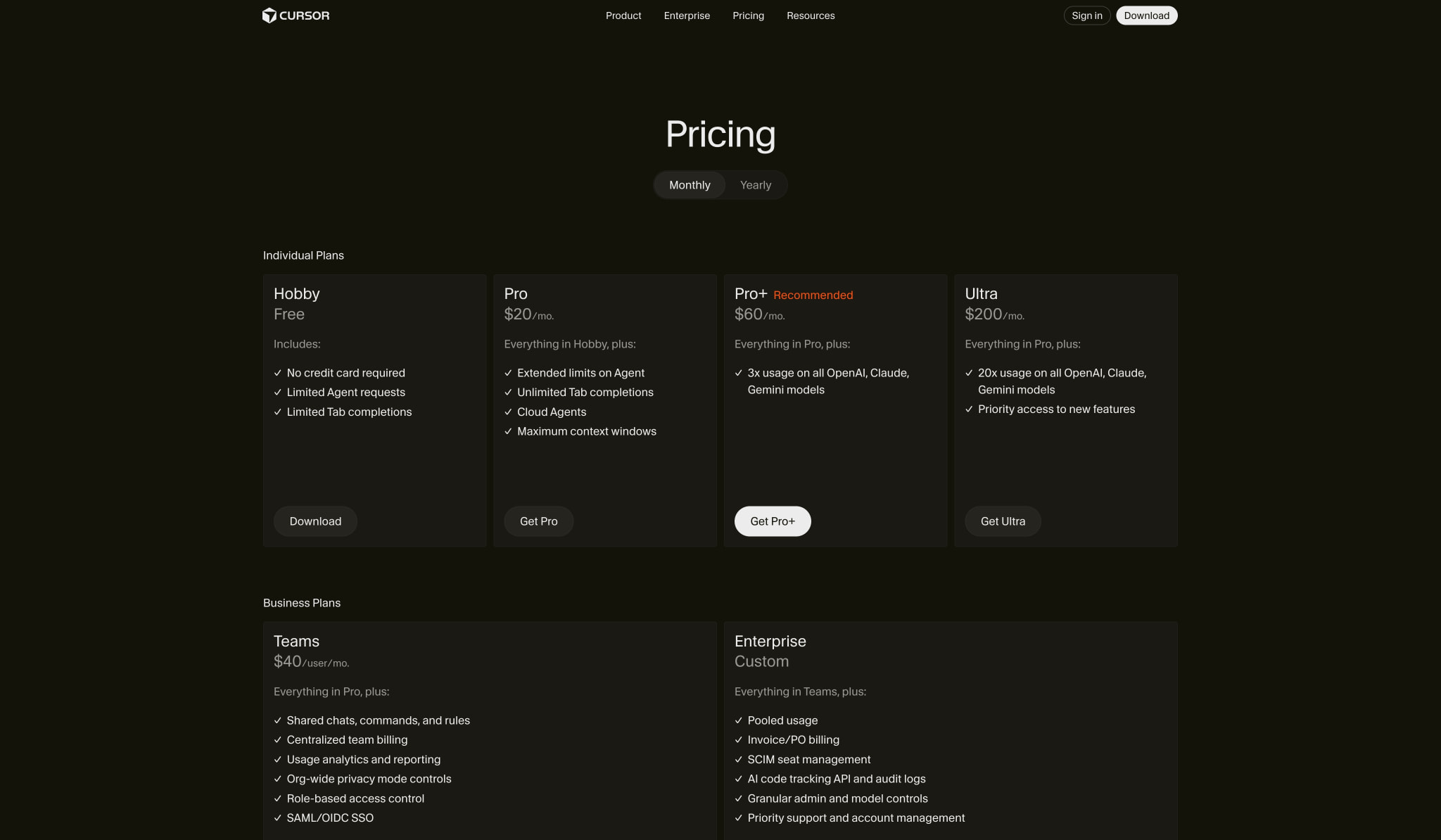 Cursor · Pricing captured website design