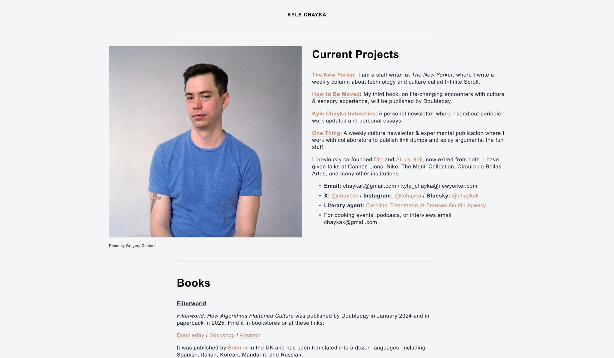 Portrait photograph of Kyle Chayka in a blue t-shirt beside the Current Projects section with orange-brown links on a light gray background captured website design
