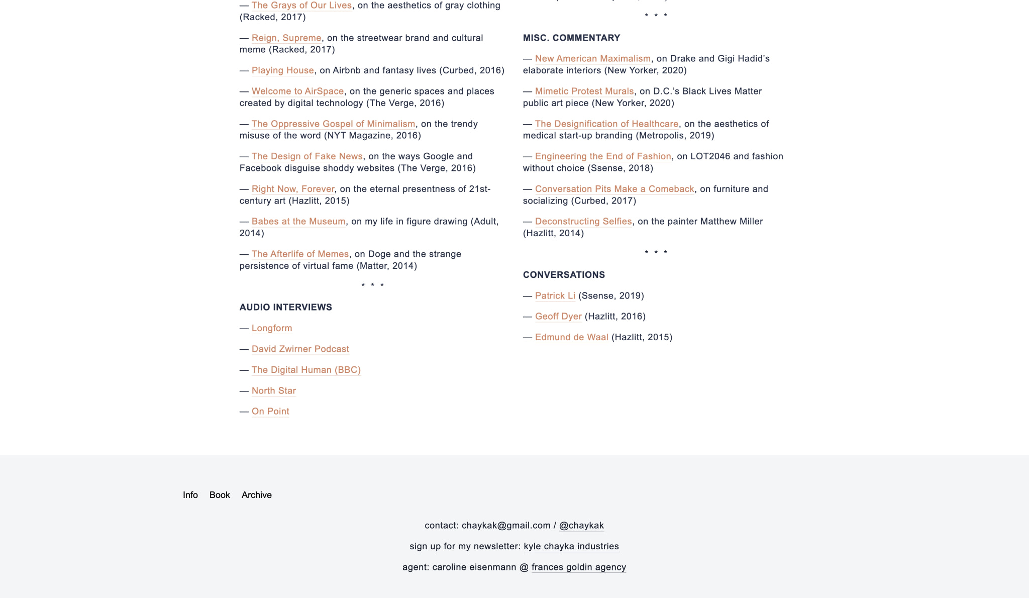 Footer navigation with Info, Book, Archive links and contact information on a light gray background below article listings captured website design