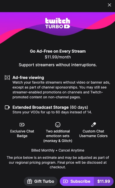 Twitch Turbo subscription modal with purple gradient header, feature list, and primary action buttons on dark canvas captured website design